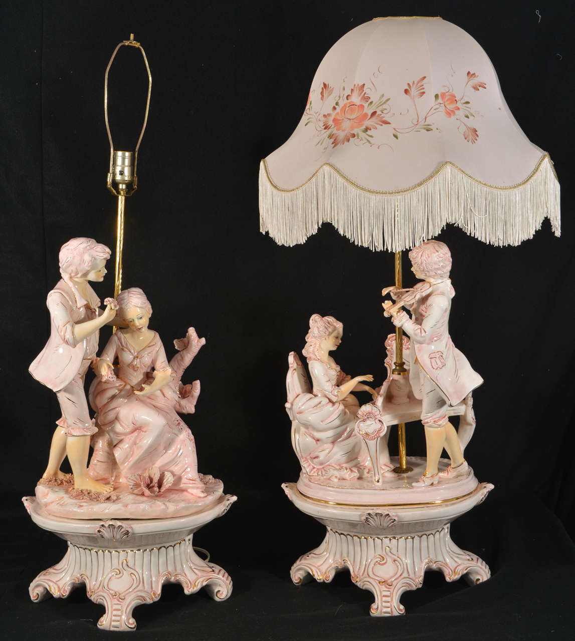 1950's Capi-de-monte Figural Table Lamps with hand painted matching lamp shades.