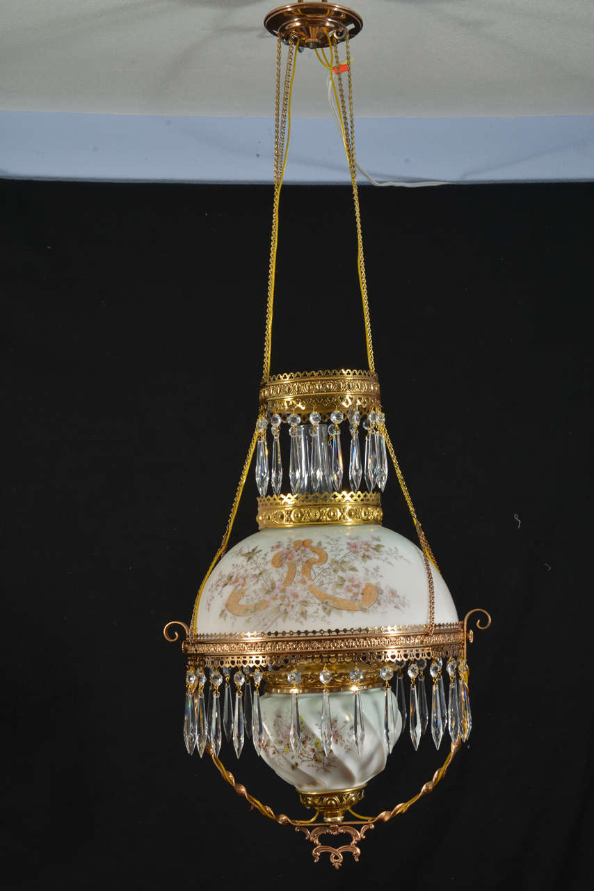 Hanging Oil Lamp, Electrified, Hand painted, restored finish, 14