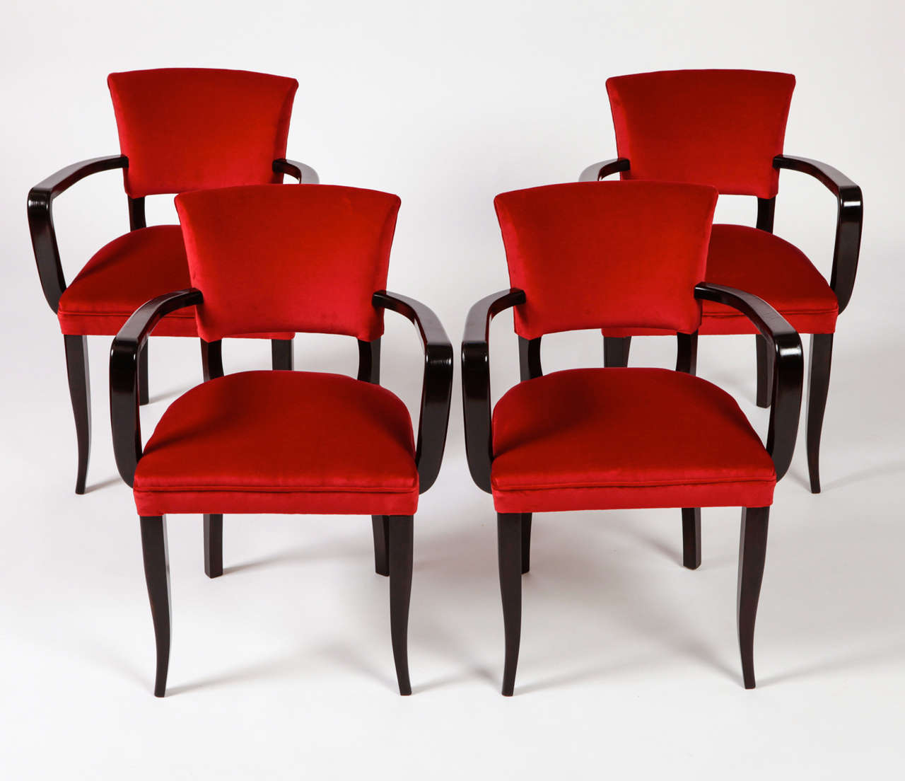 Important set of four armchairs designed by architect Maurizio Tempestini for a private house in Forte dei Marmi, Italy. 
Black, lacquered woods and red velvet.
h.80cm x 60x45cm height seat: 48 cm 

Perfect condition.