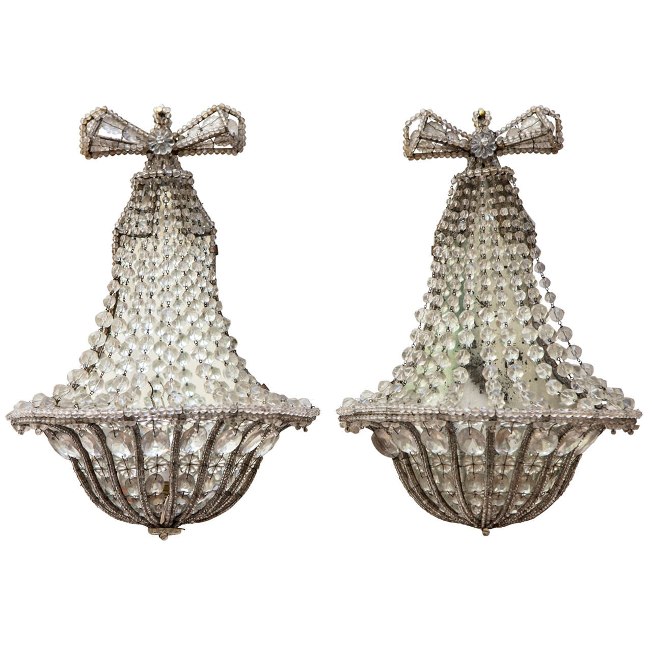 Pair of Early 20th Century Crystal and Iron French Sconces, 1920s For Sale