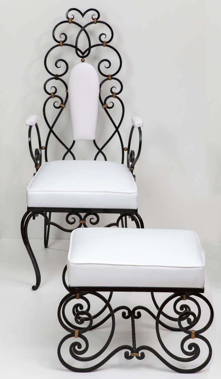 Pair of Iron French Armchairs with Footstool, 1940s