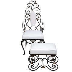 Vintage Pair of Iron French Armchairs with Footstool, 1940s