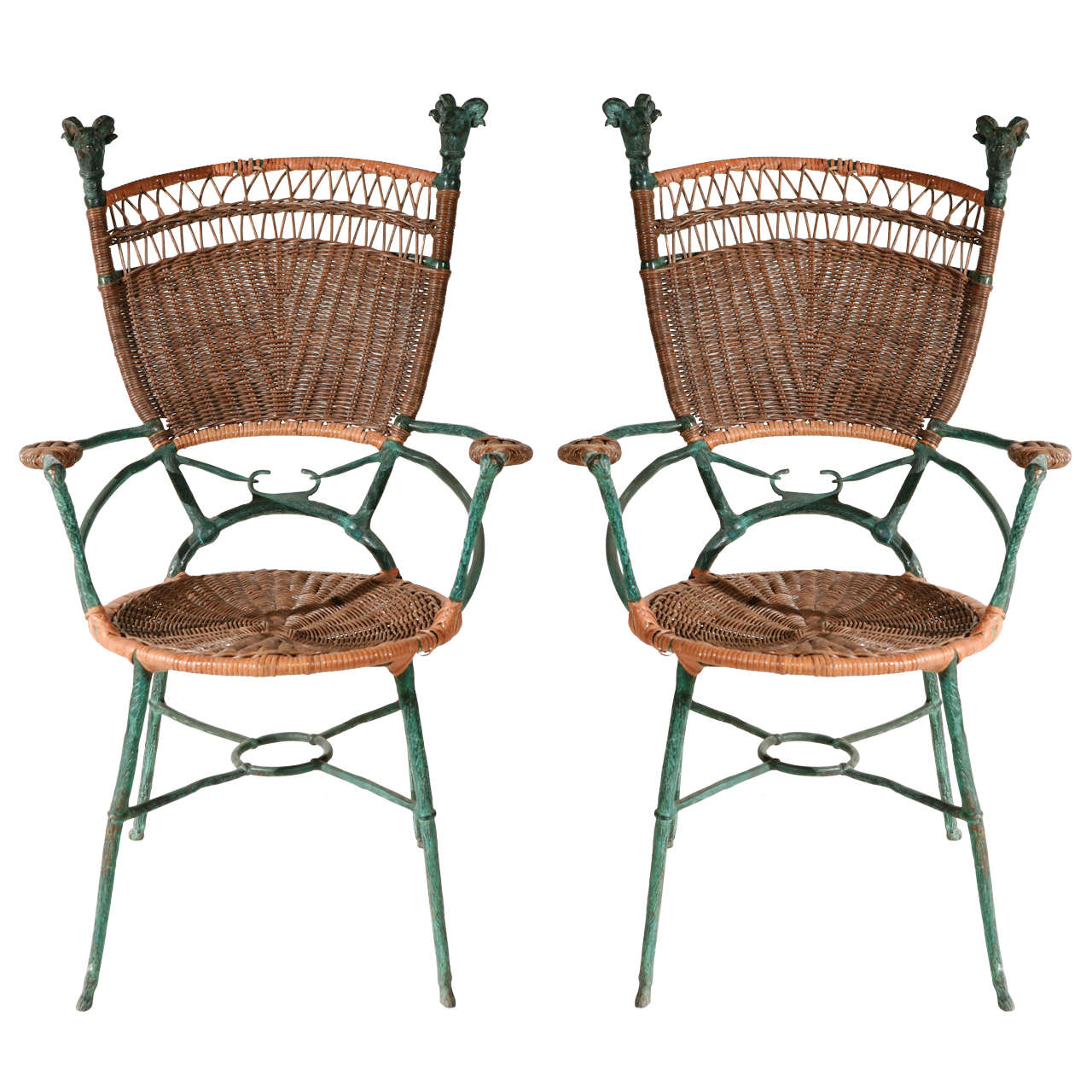 Pair of Bronze and Cane Armchairs