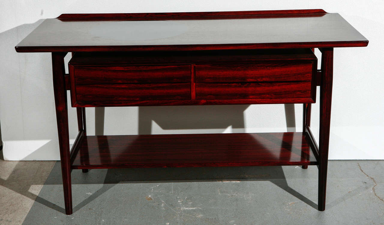 Denmark: Arne Vodder rosewood sideboard with inlay black formica circle on top, stamped