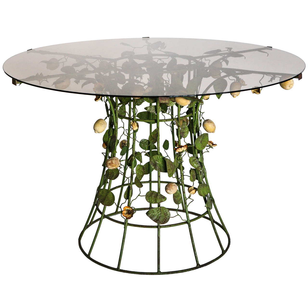 Italian Tole and Wood Table with Smoky Glass Top For Sale