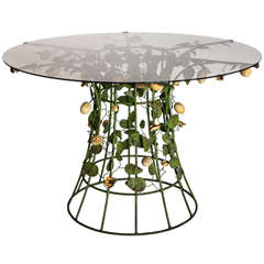 Italian Tole and Wood Table with Smoky Glass Top