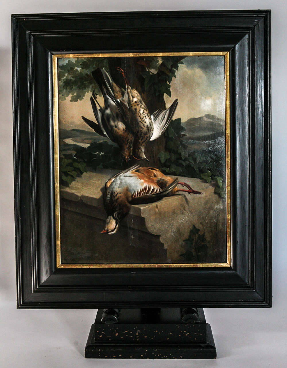 Oil on board.  Mid-19th century continental painting.  Signed J. Baptista.  Ebonized frame with gilt fillet.  Frame size: 31