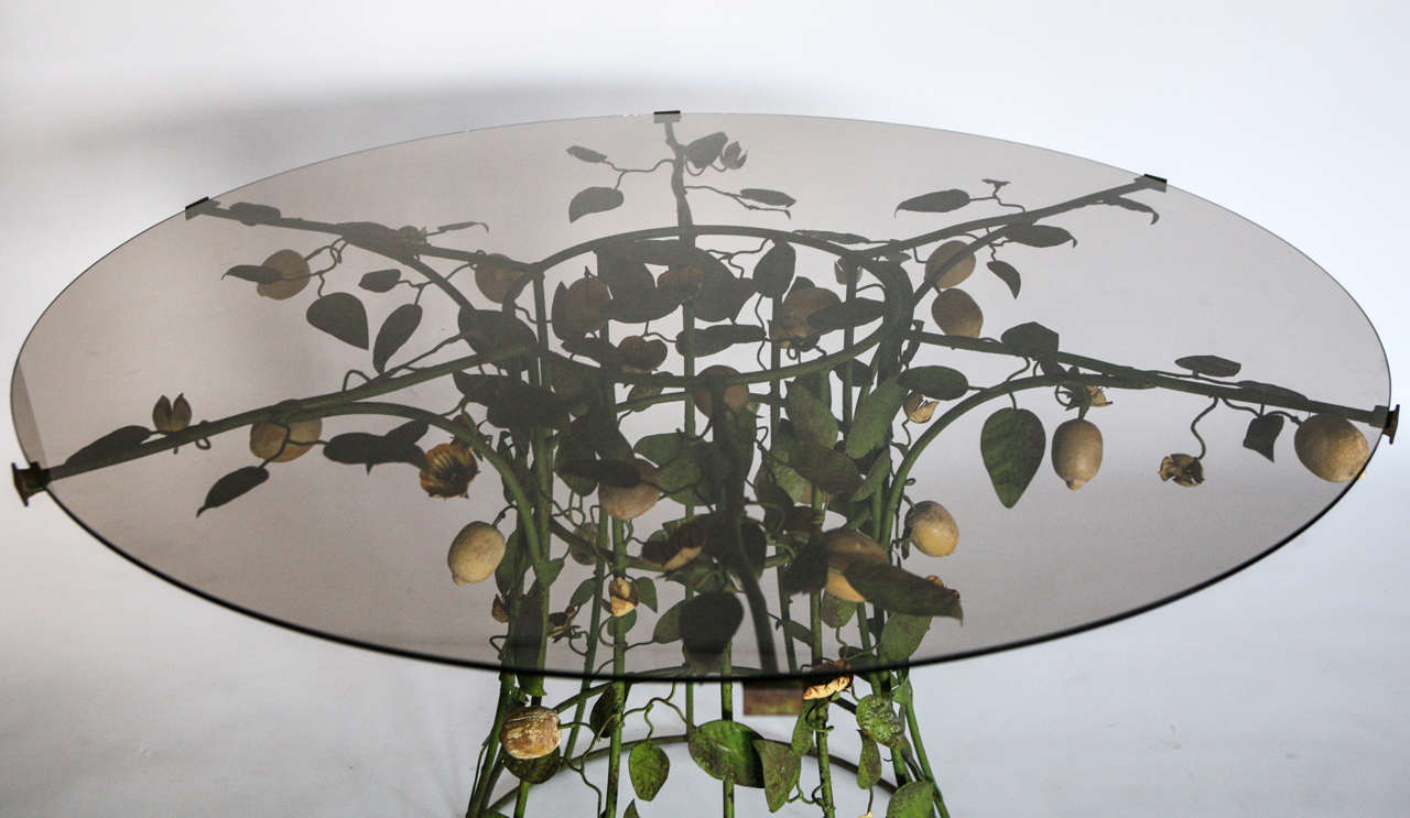 Italian Tole and Wood Table with Smoky Glass Top For Sale at 1stDibs