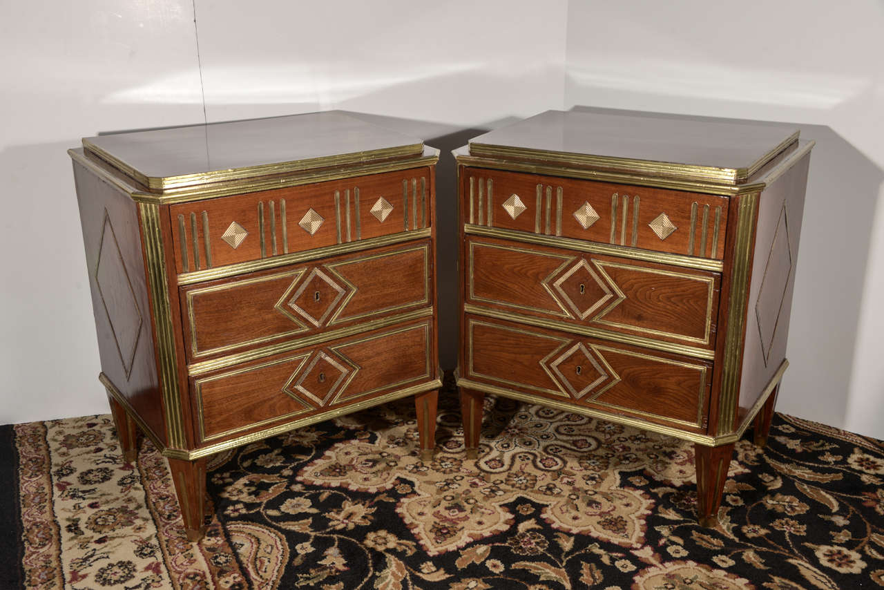 pair of 19th c Russian nightstand commodes . Mahogany with hand hammered inlayed brass