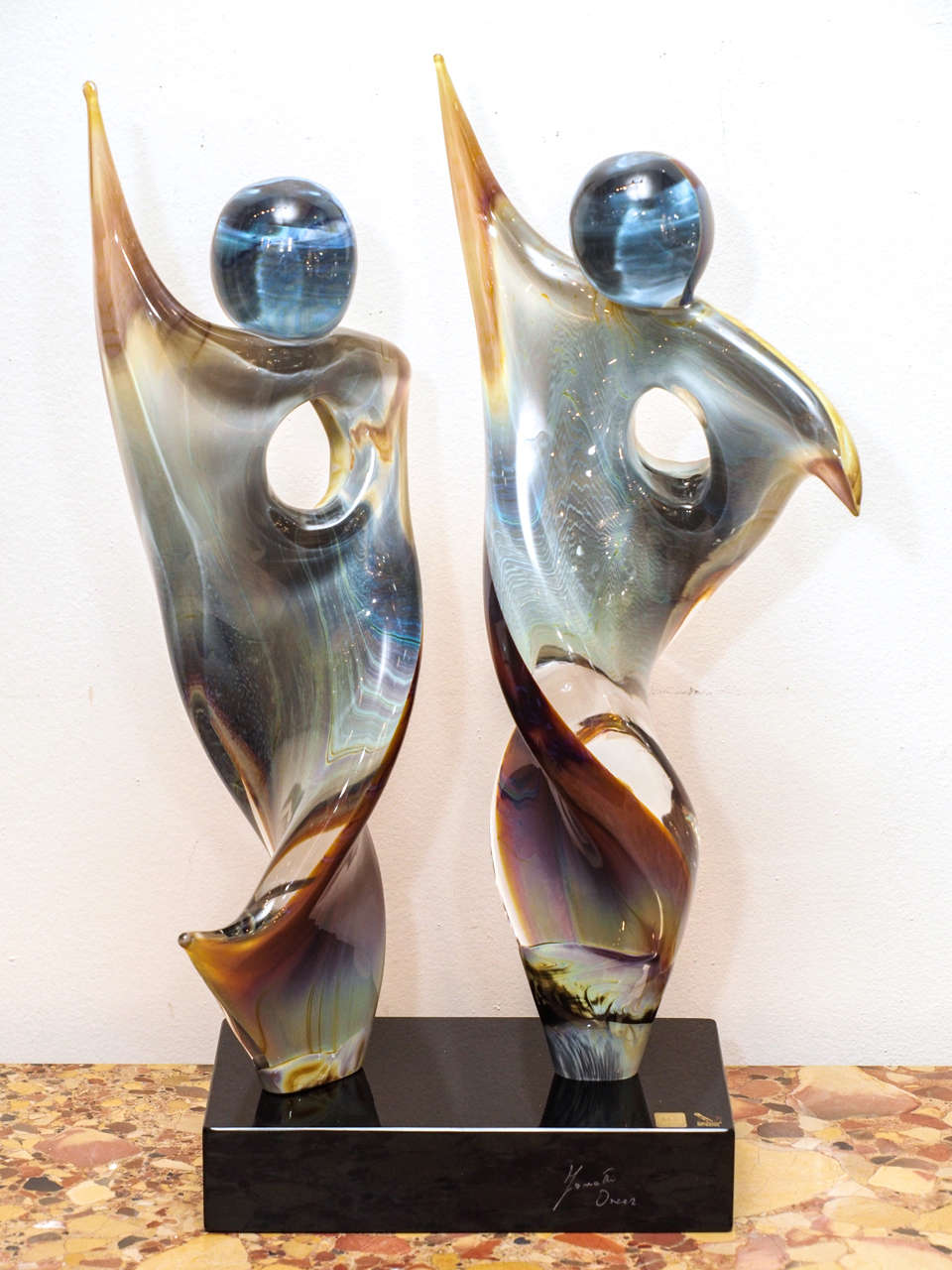 Murano glass sculpture by Venetian glassmaster Zanetti.
Hand crafted using the massello technique- calcedonio glass - a vitreous paste with multicoloured veins imitating natural chalcedony, zoned agate. Sculptures inserted on the base with a