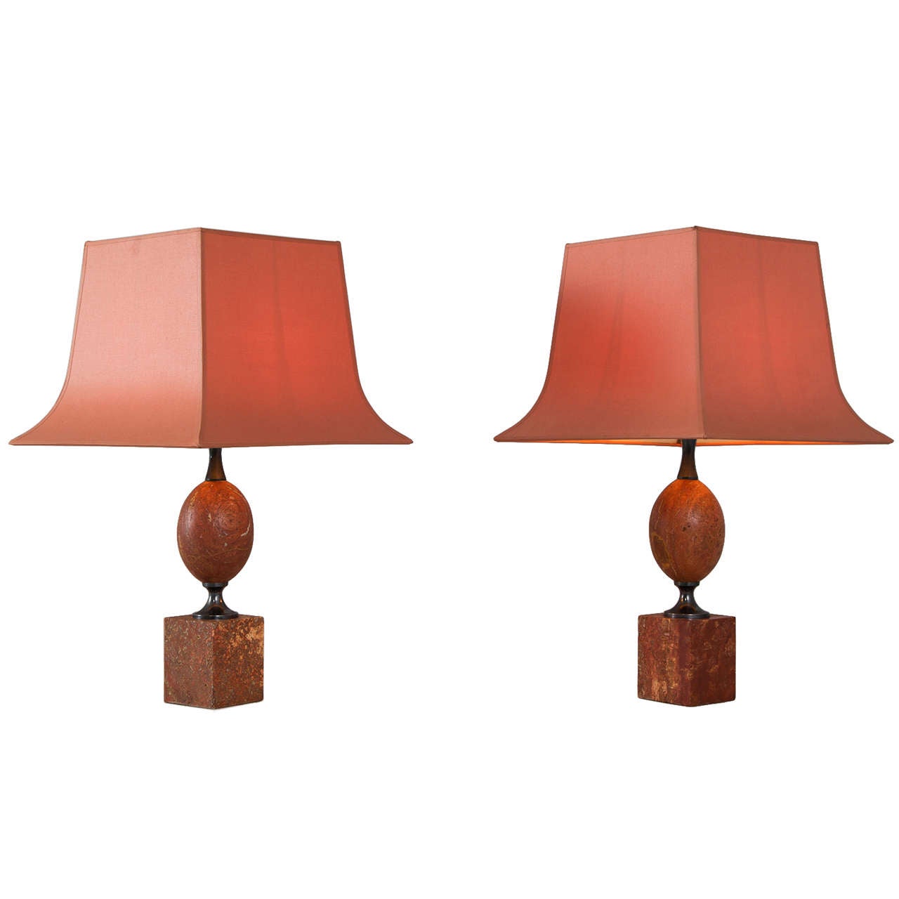 Matching Pair of Elegant Lights by Maison Barbier in Rare Red Travertine