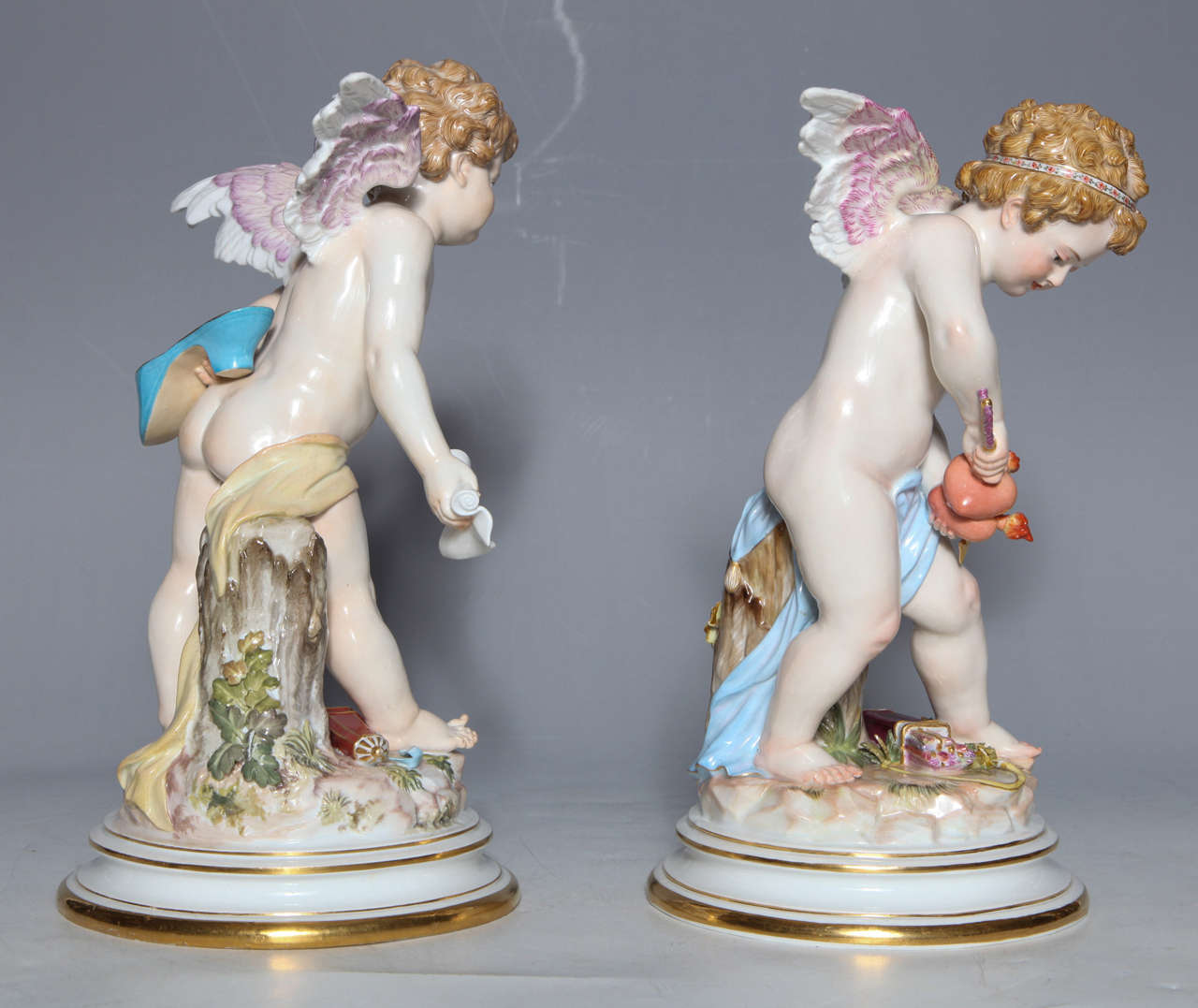 Rococo Revival Meissen Porcelain Large Devisenkinder Cupid Figurines with Markings 1860s For Sale