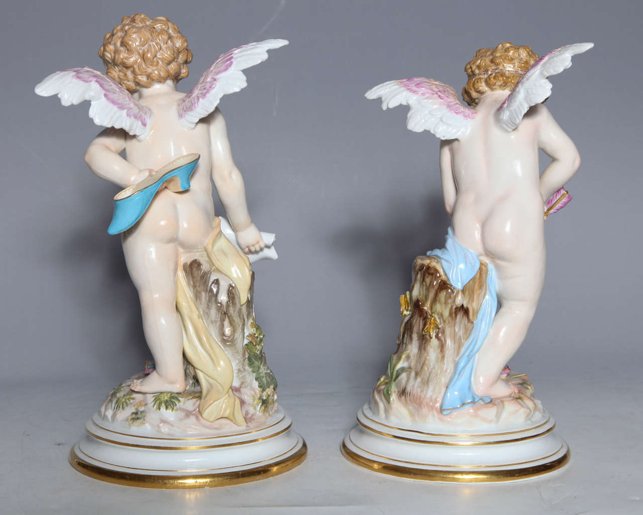 German Meissen Porcelain Large Devisenkinder Cupid Figurines with Markings 1860s For Sale