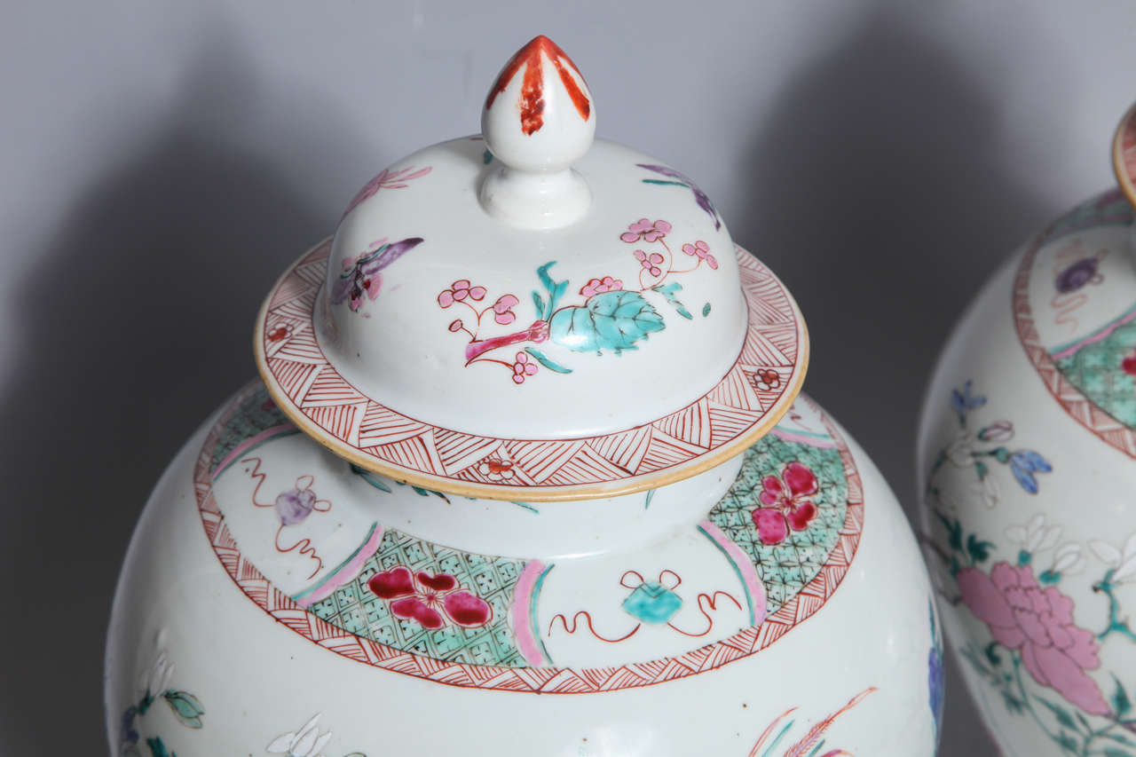 Pair of 18th Century Chinese Export Porcelain Famille Rose Covered Jars 1