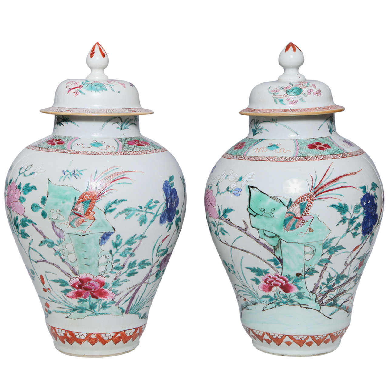 Pair of 18th Century Chinese Export Porcelain Famille Rose Covered Jars