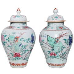 Antique Pair of 18th Century Chinese Export Porcelain Famille Rose Covered Jars