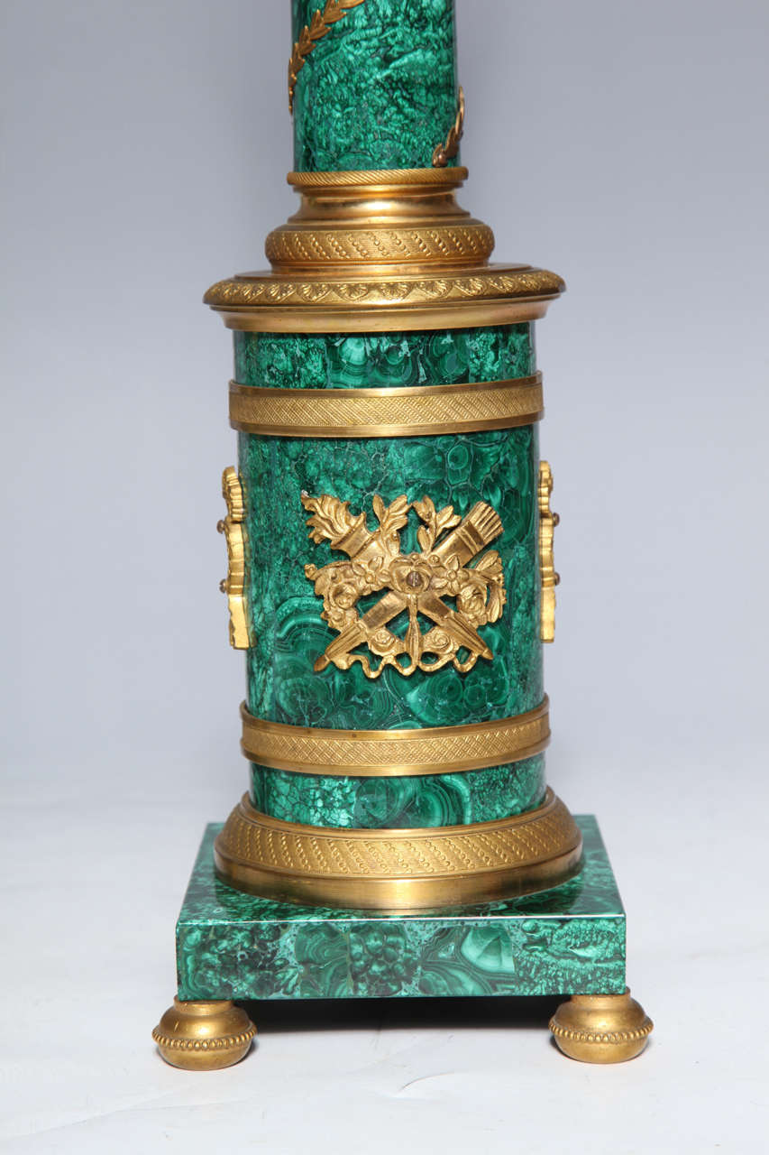 Pair of Russian Neoclassical Malachite and Gilt Bronze Column Table Lamps In Excellent Condition In New York, NY