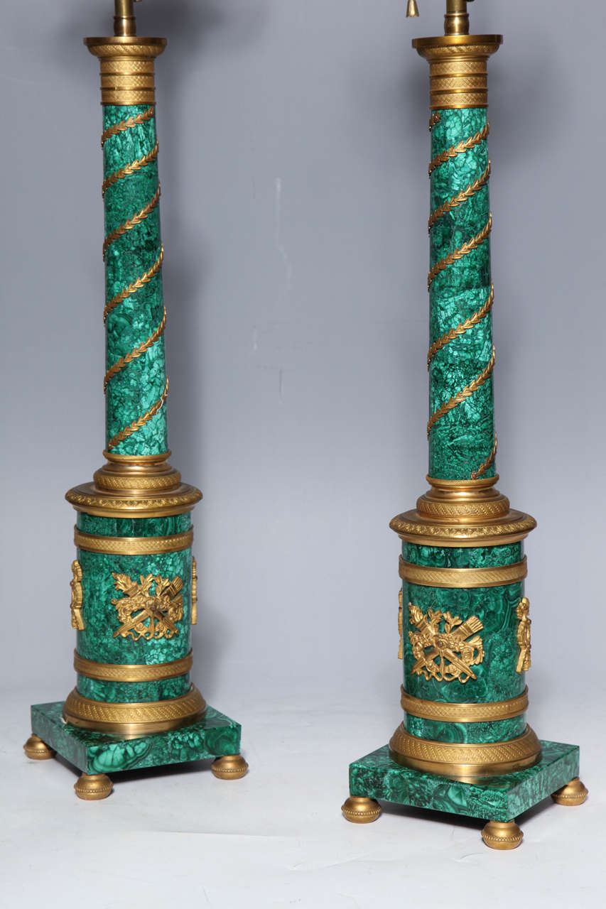 19th Century Pair of Russian Neoclassical Malachite and Gilt Bronze Column Table Lamps