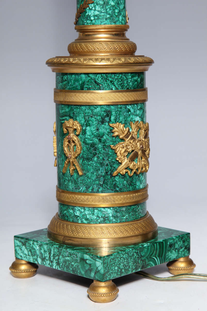 Pair of Russian Neoclassical Malachite and Gilt Bronze Column Table Lamps 1