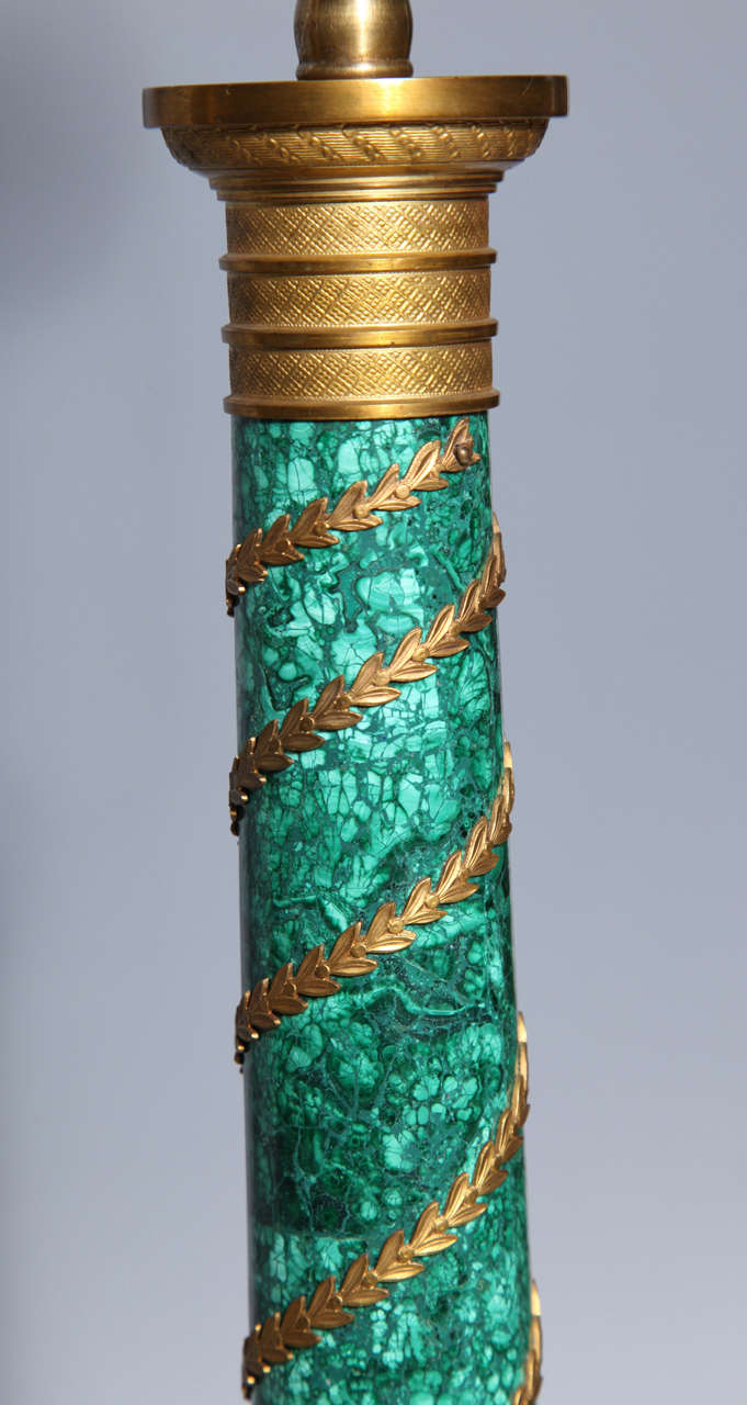 Pair of Russian Neoclassical Malachite and Gilt Bronze Column Table Lamps 2