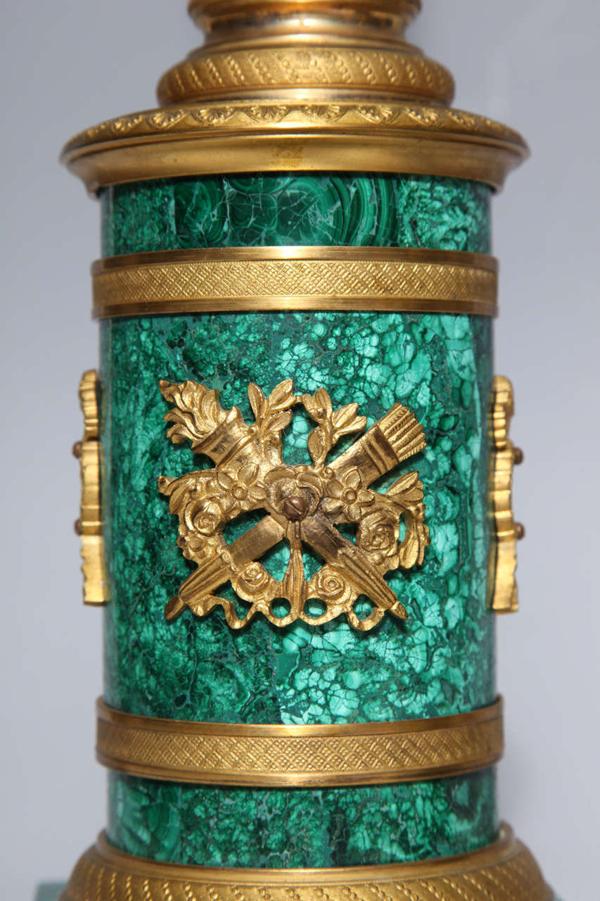 Pair of Russian Neoclassical Malachite and Gilt Bronze Column Table Lamps 3
