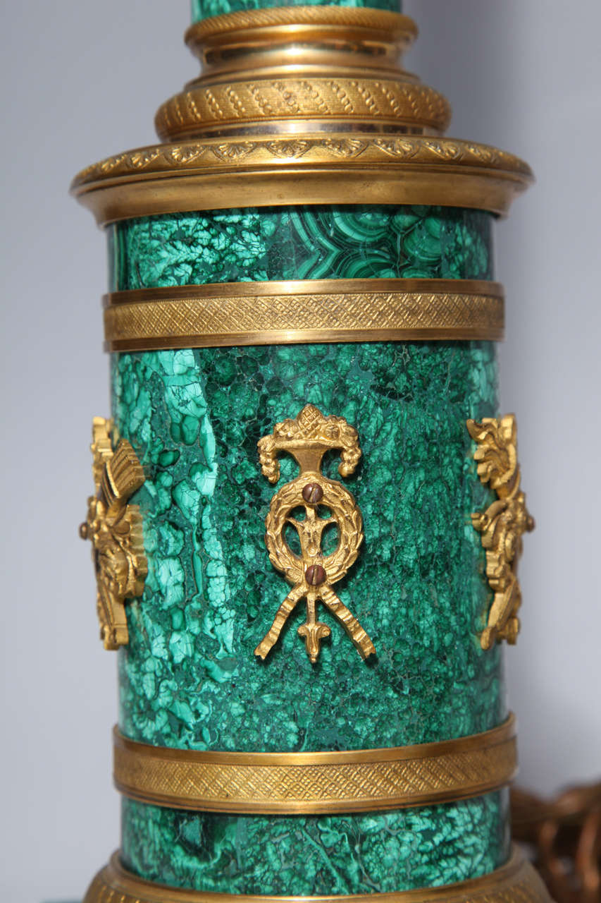 Pair of Russian Neoclassical Malachite and Gilt Bronze Column Table Lamps 4