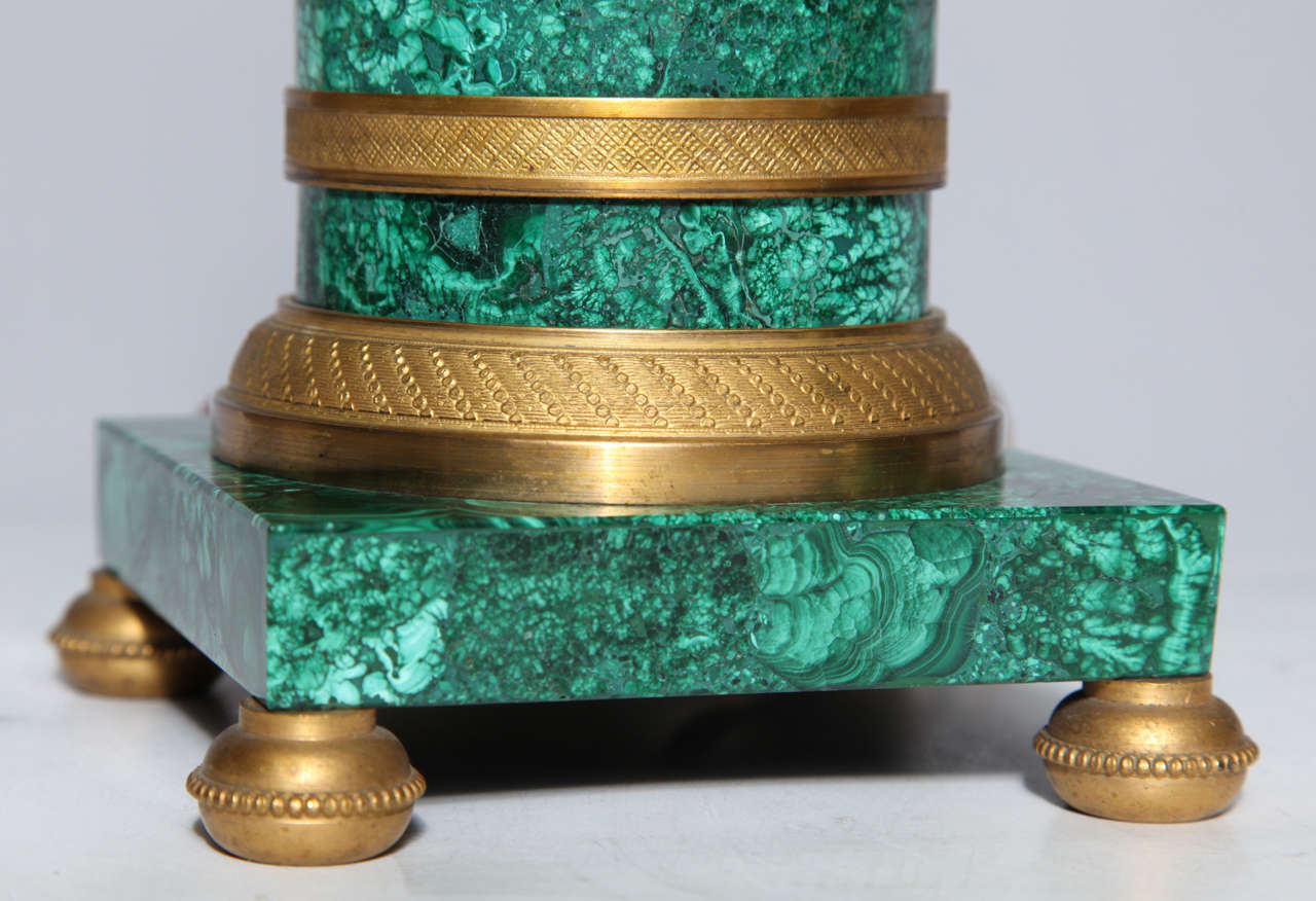 Pair of Russian Neoclassical Malachite and Gilt Bronze Column Table Lamps 5