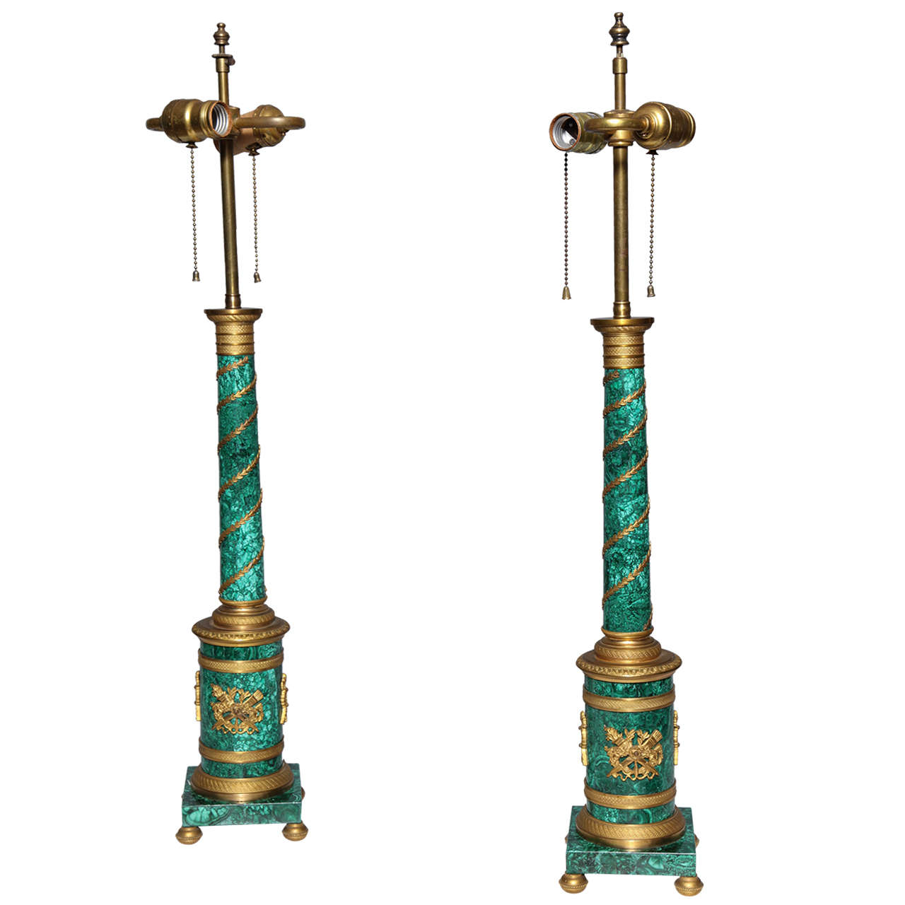 Pair of Russian Neoclassical Malachite and Gilt Bronze Column Table Lamps