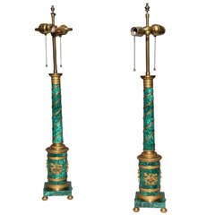 Pair of Russian Neoclassical Malachite and Gilt Bronze Column Table Lamps 10