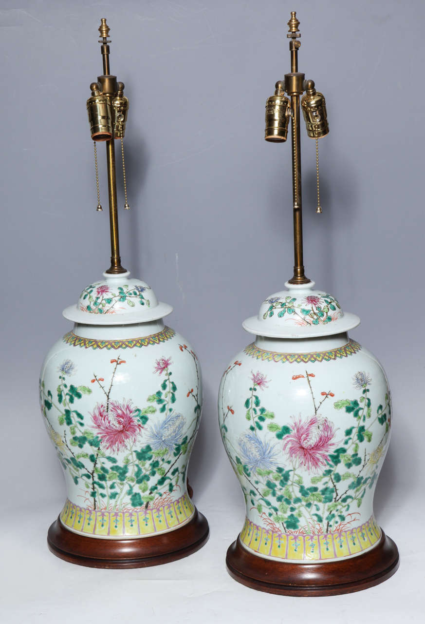 Pair of 19th century Chinese porcelain Ginger Jars converted into table lamps with wood bases. The pair is beautifully painted with delicate images of flowers and green leaves.