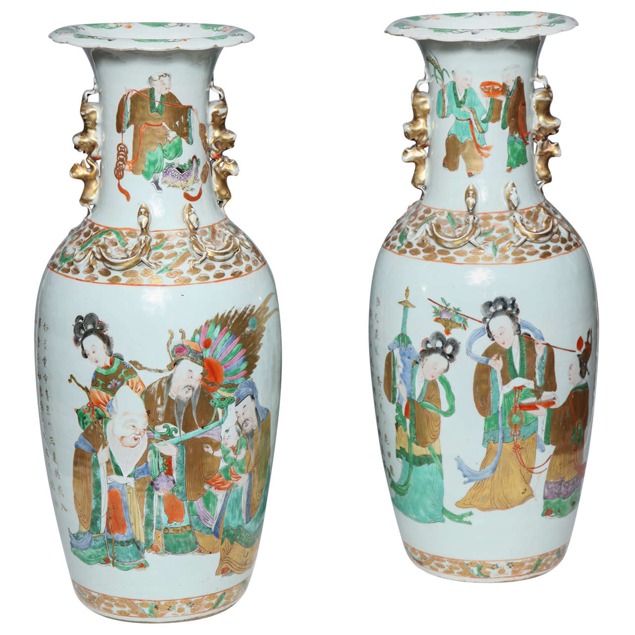 Pair of Chinese Porcelain Vases with Painted Figures and Chinese Poems in Gold For Sale