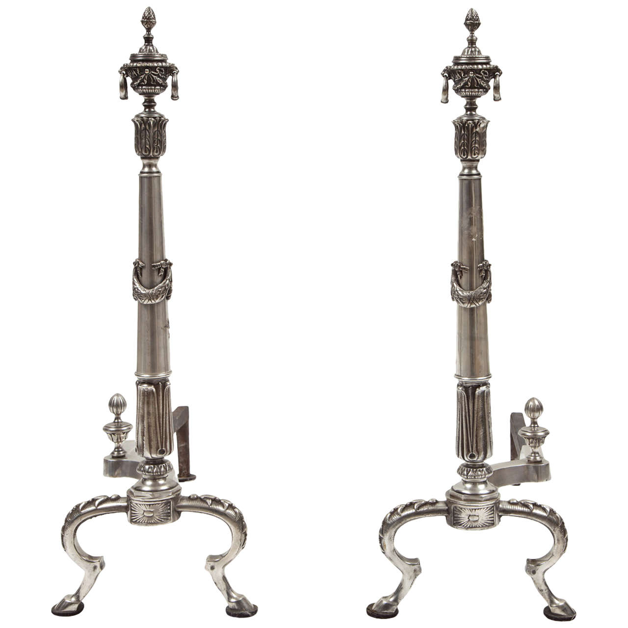 Pair of Silver Plate Andirons For Sale
