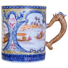 Antique Polychrome Enameled Porcelain Mug, Compagnie des Indes