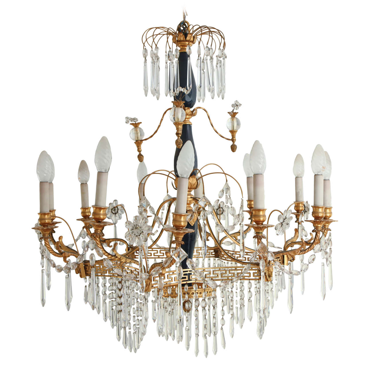 19th Century Neoclassical Crystal and Gilt Bronze, Twelve-Light Chandelier For Sale