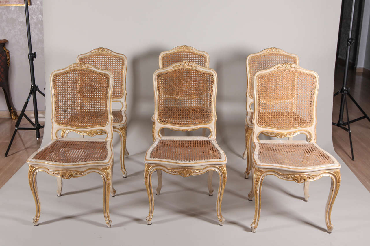 Set of Six French 19th Century Ivory Painted and Parcel-Gilt Chairs For ...
