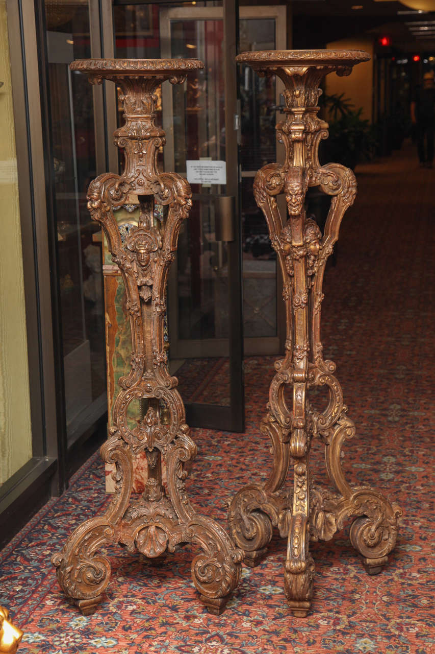 A very fine quality regency style gilt wood torchieres or stands with mask faces.