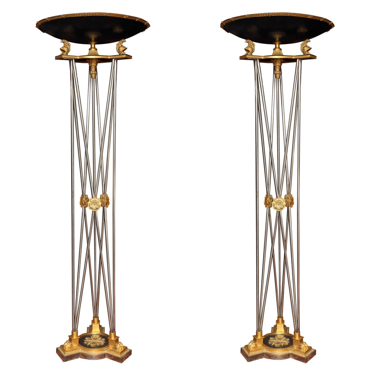 Pair of Palatial Bronze and Steel Empire Style Torchieres For Sale