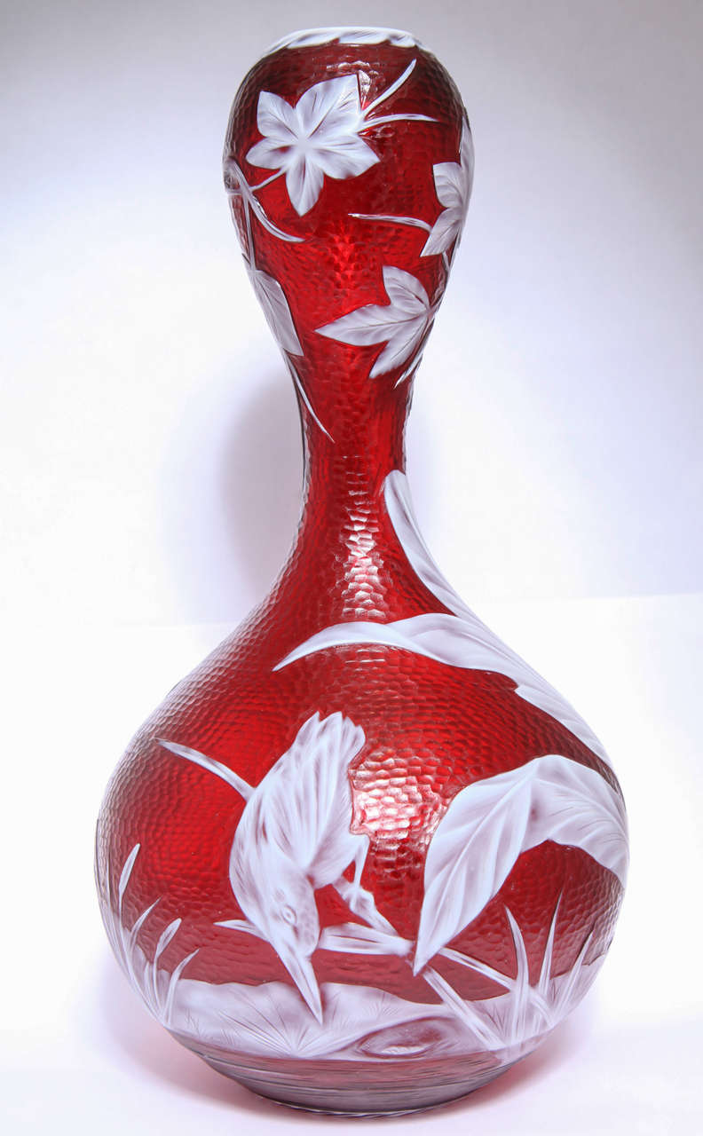 A rare Stevens & Williams white on red cameo glass double gourd vase carved with birds and leaves by Jim Millward, martele background, signed J. Millward No. 10