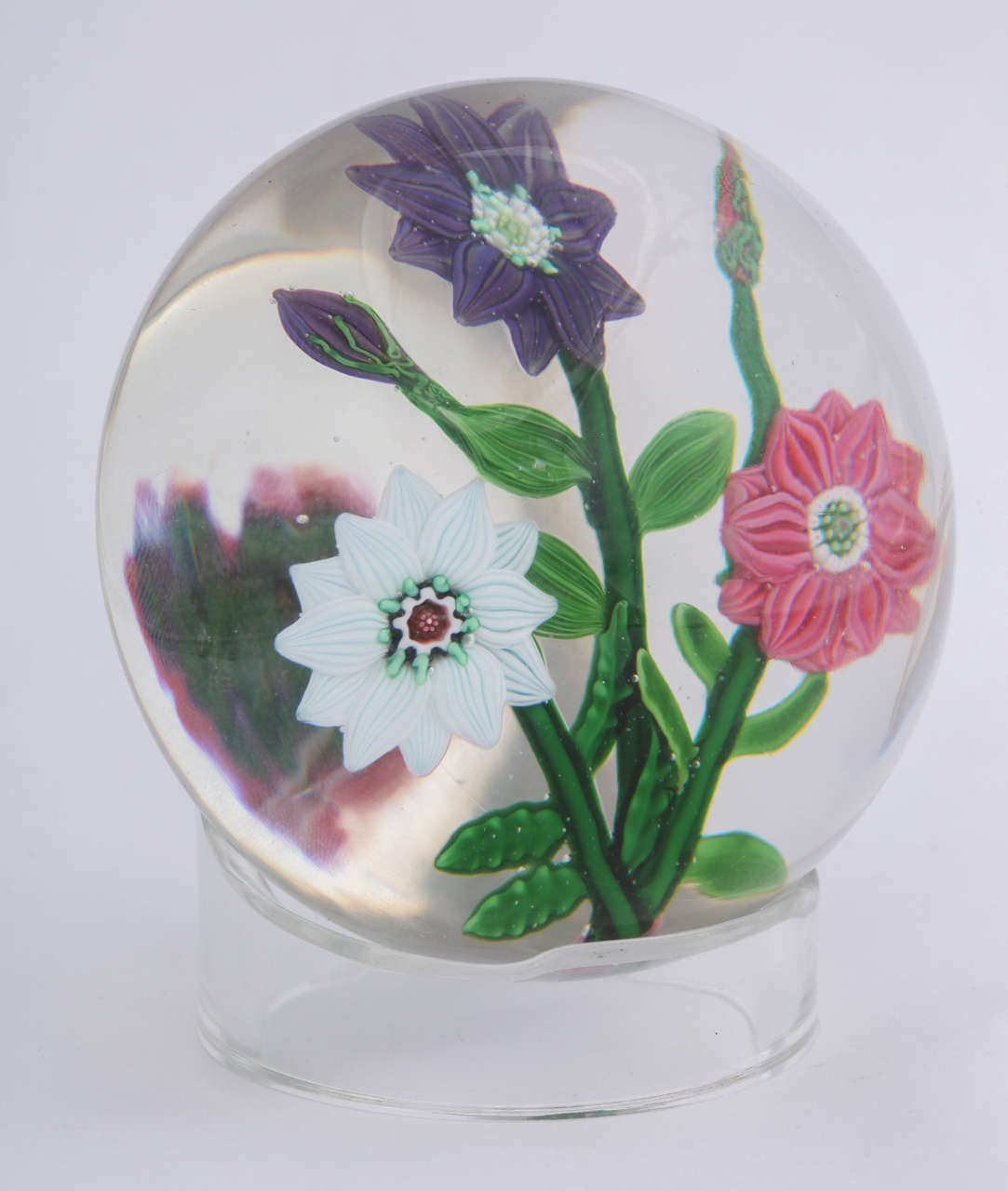 A rare and fine antique Clichy three flower bouquet paperweight with pink, purple and white flowers, purple and pinks buds and tied together with a pink ribbon, three of the leaves translucent green glass over white lattice strips