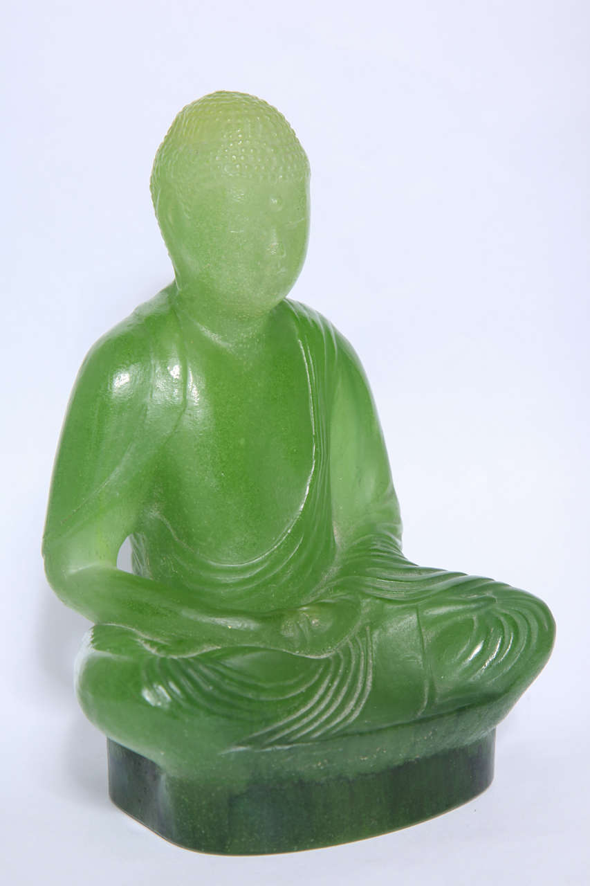 A rare Almaric Walter pate-de-verre figure of Buddha done in jade green glass, signed A. Walter Nancy