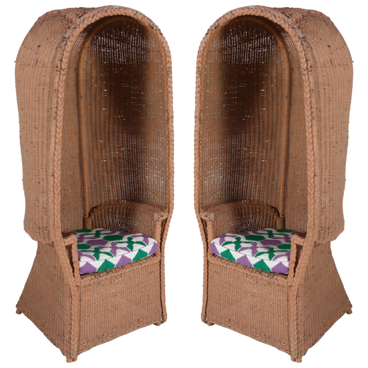 Pair of Wicker Hooded Chairs with African Fabric