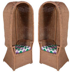 Pair of Wicker Hooded Chairs with African Fabric