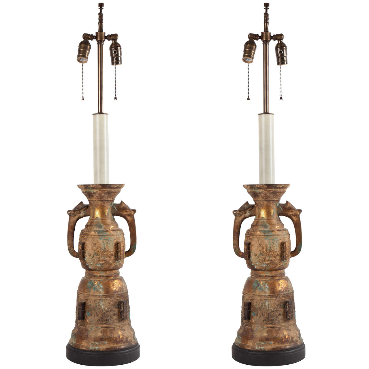 Pair of James Mont Gilded Bronze Lamps