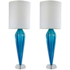 Pair of Tapering, Brilliant Blue Murano Glass Lamps by Seguso