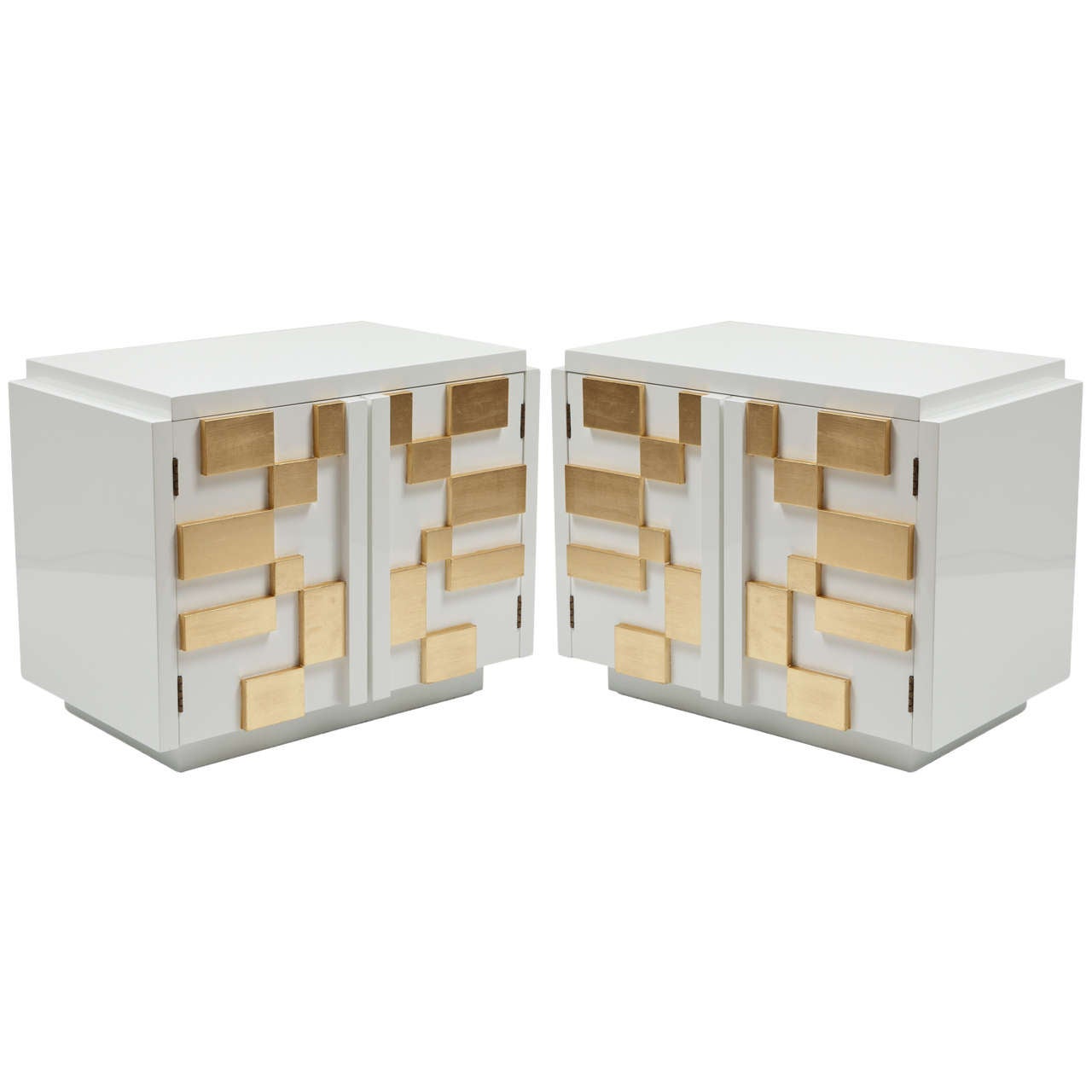 Pair of Modernist White Lacqer Nightstands with Gilded Fronts