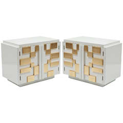 Pair of Modernist White Lacqer Nightstands with Gilded Fronts