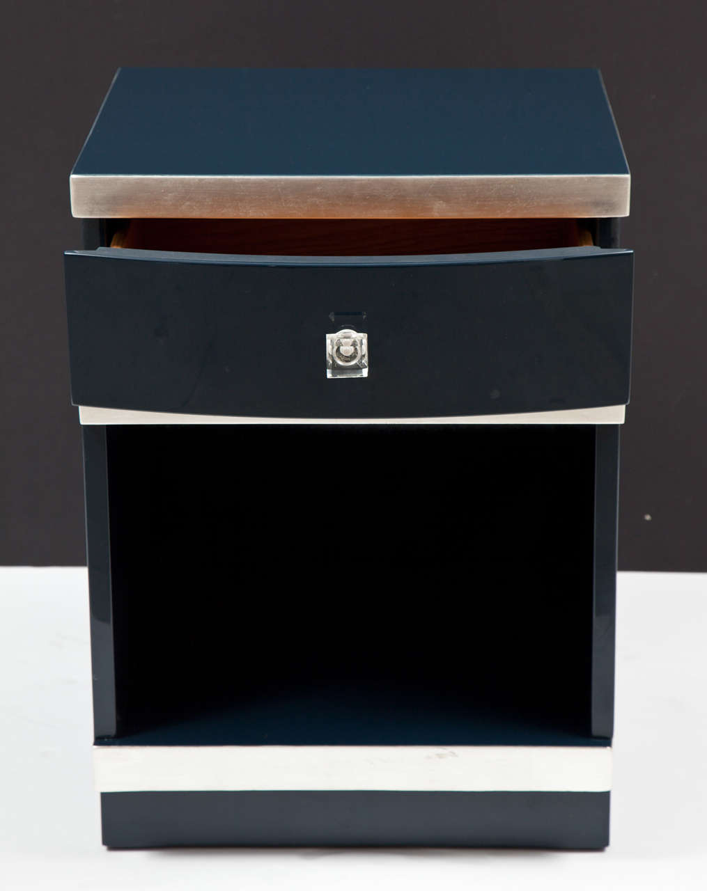 Pair of Art Deco Midnight Blue Lacquer Nightstands with Silver Leaf at
