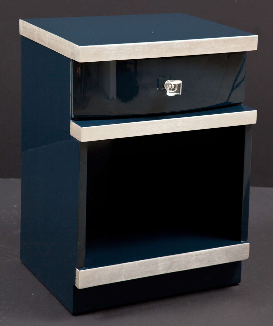 Pair of Art Deco Midnight Blue Lacquer Nightstands with Silver Leaf at