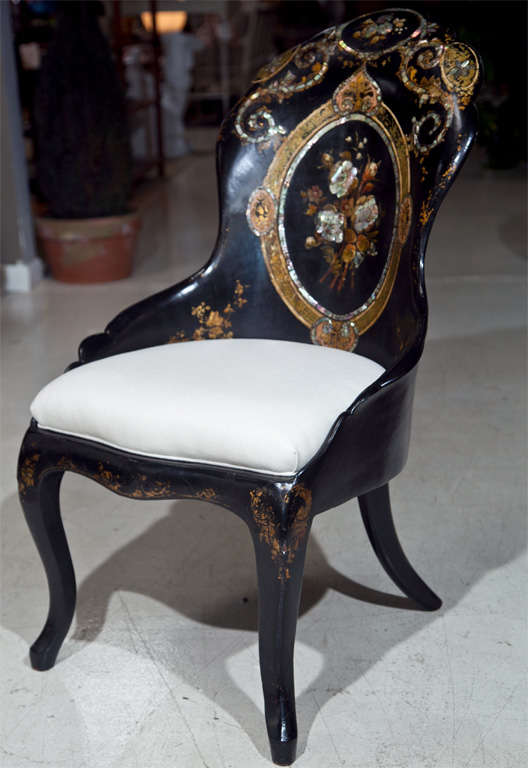 Black Papier Mache Chair with Mother of Pearl Inlay In Excellent Condition For Sale In Stamford, CT