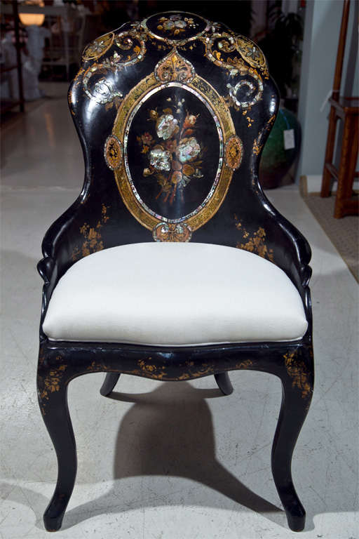 Black Papier Mache Chair with Mother of Pearl Inlay For Sale 4